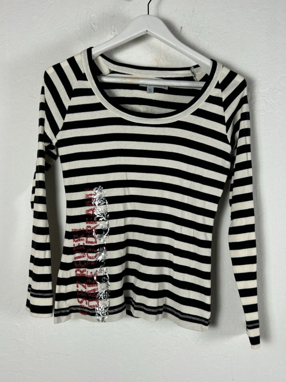 Cirque Du Soleil Womens Striped Graphic Long Sleeve Shirt Top Large White Black